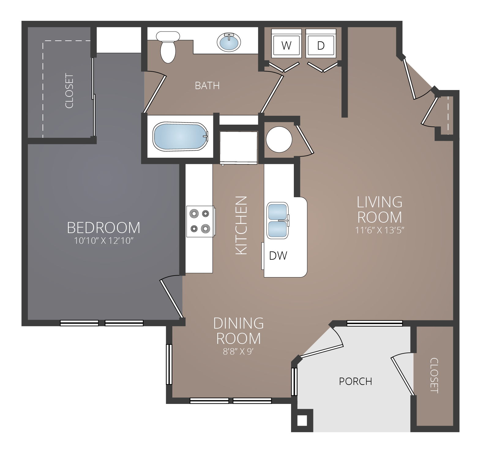 Floor plan for 1 bed, 1 bath, 752 sqft